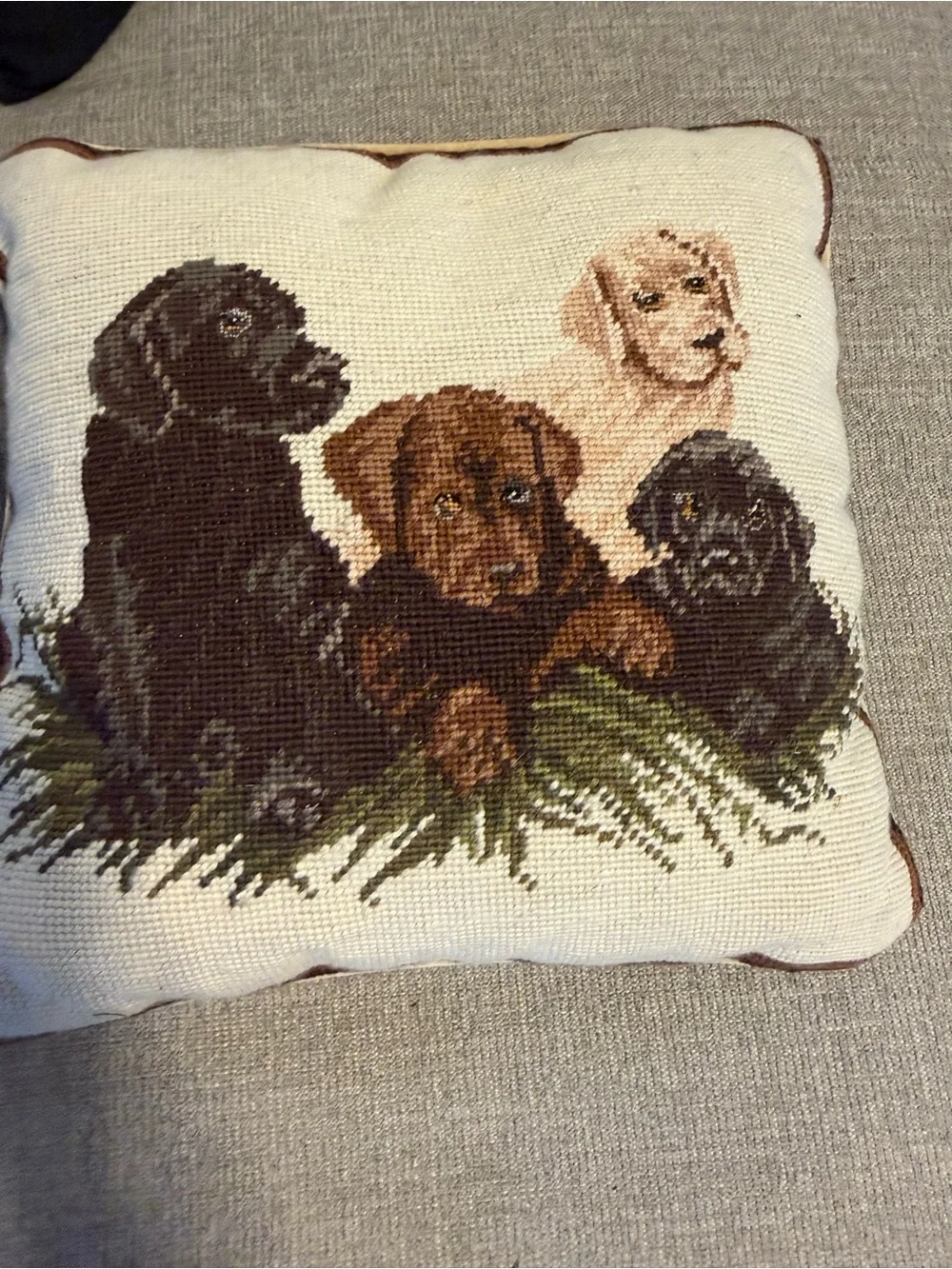 Vintage Needlepoint 12”x 12” Lab puppies Decorative Throw Pillow